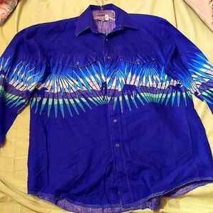 Vintage Wrangler Western Shirt L Blue with Decorative Splashes of Color